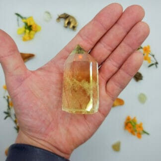 citrine single point 101-150g on hand with crystals behind