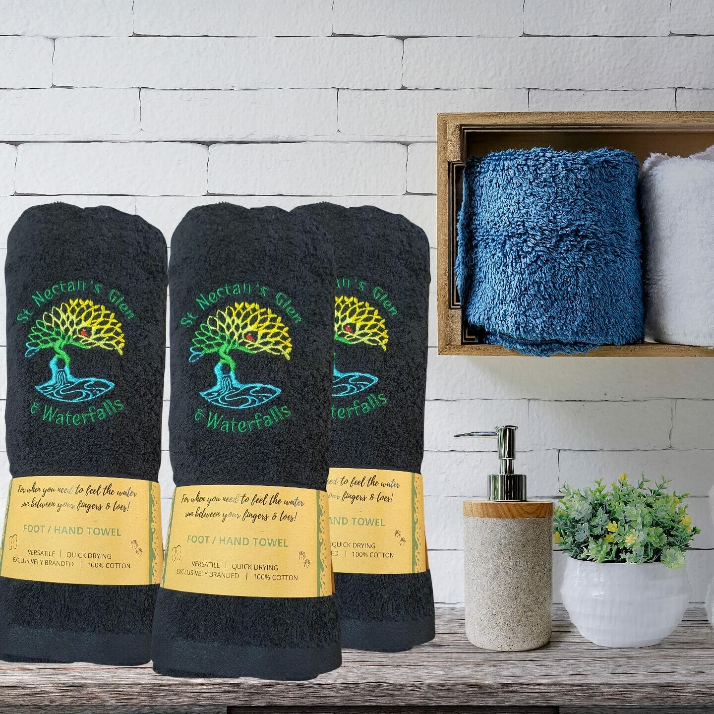 St Nectan's Glen & Waterfalls Branded Hand Towel, Navy